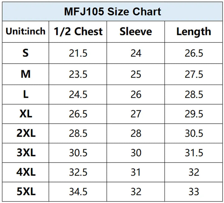 MFJ105 men's fleece hoogies size chart