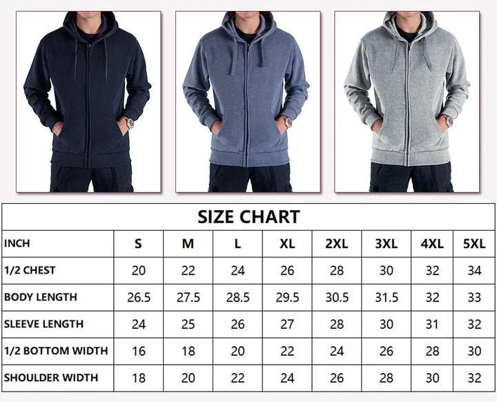 Zipped Hoodie For Men Size Chart