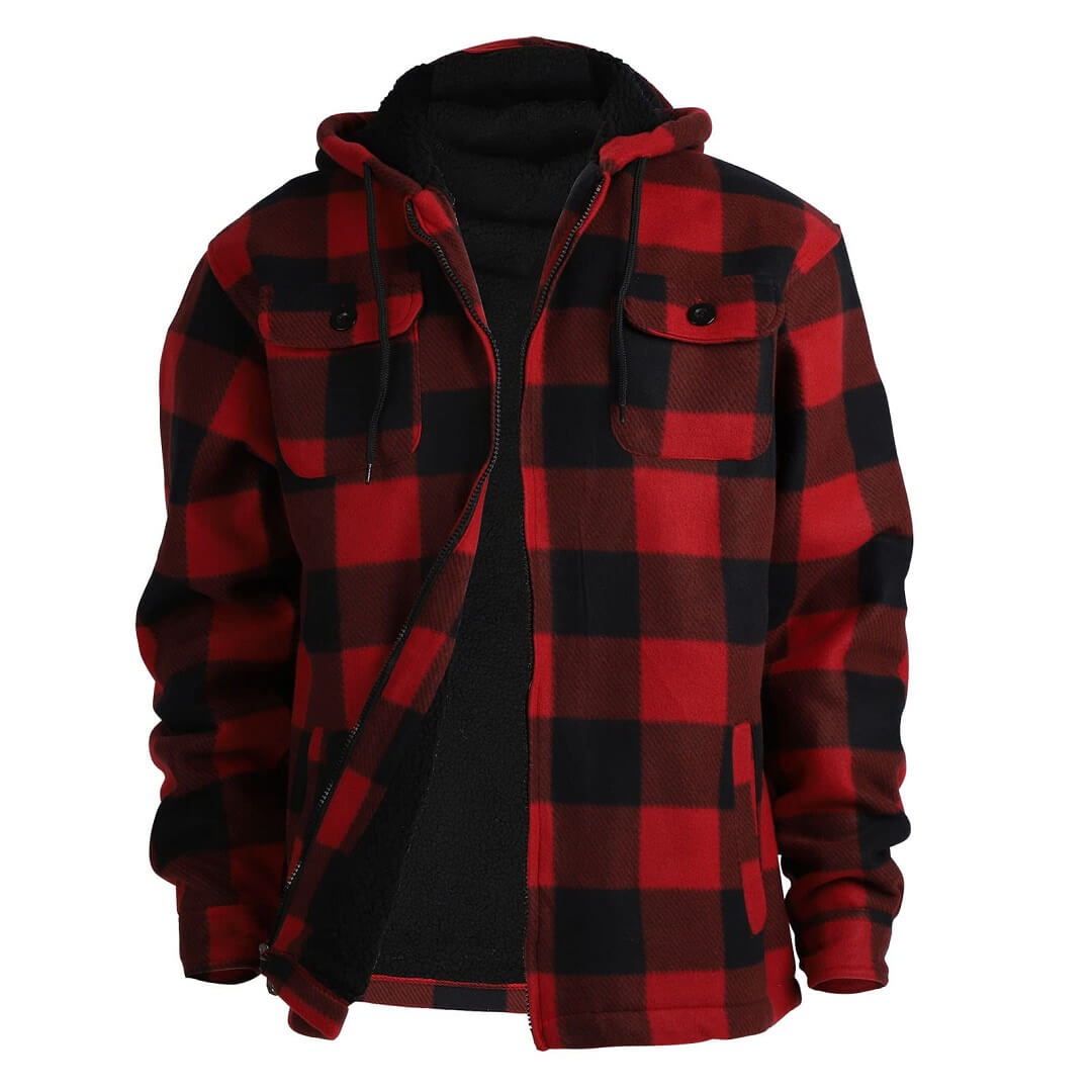 FLANNEL QUILTED SHERPA LINED JACKET/HOODED (RED/BLACK #1) | Genuine Leather  Cowboy Boots and Hats — Zapateria Guadalajara