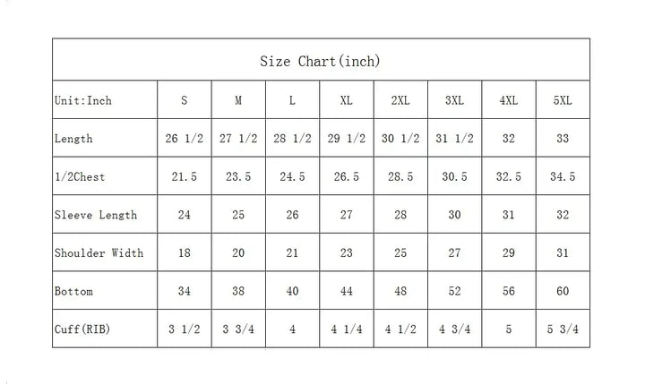 Men's Fleece Hoodie Size Chart