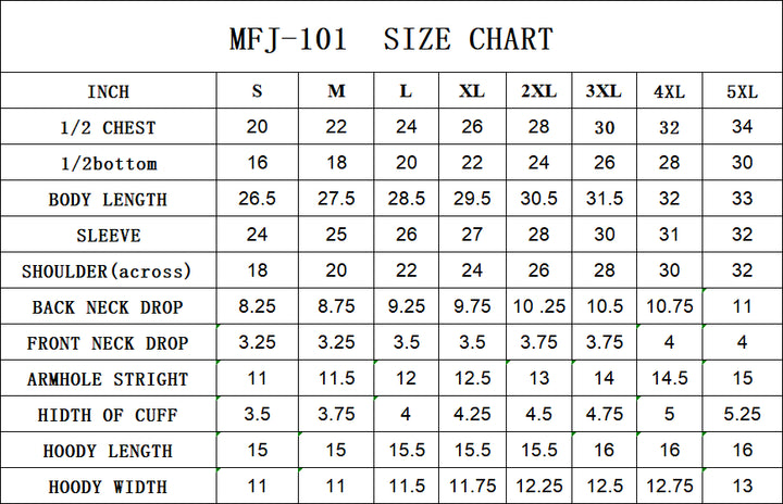 Zipper Hoodies for Men Size Chart