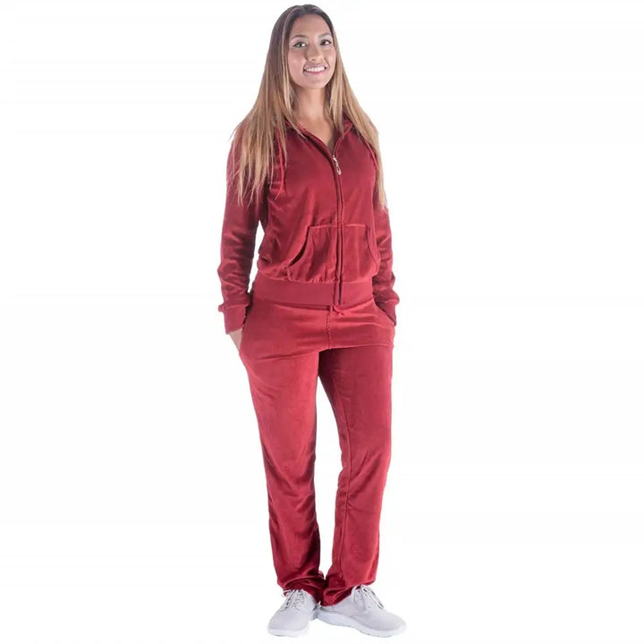 Ladies 2PCS Soft Velvet Fabric Sets With Hooded Brick Red