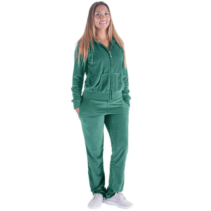 Ladies 2PCS Soft Velvet Fabric Sets With Hooded Green